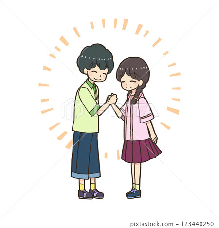 男孩和女孩面對面,手牽手 男孩和女孩面對面,手牽手 123440250