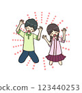 Smiling boy and girl jumping with their hands up 123440253