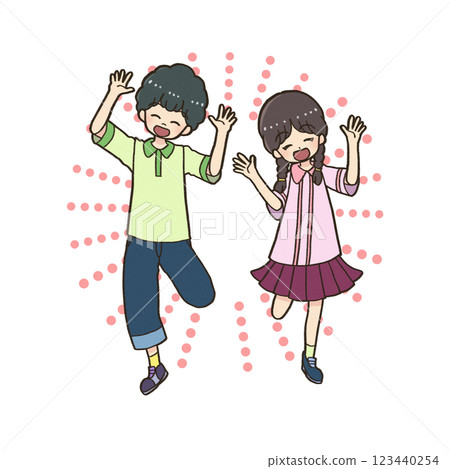 Smiling boy and girl jumping with their hands up 123440254