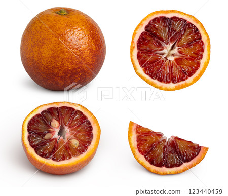 Blood red oranges collection isolated with shadow 123440459