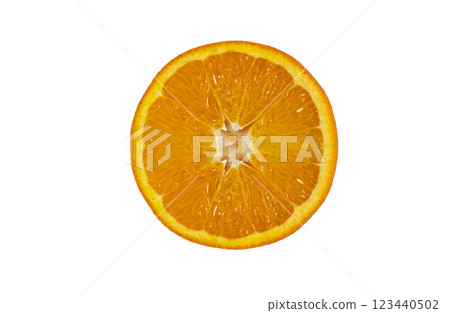 Orange slice top view isolated. Above of a half of orange Orange slice top view isolated. Above of a half of orange 123440502