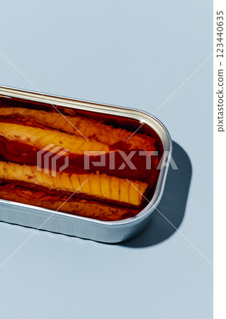 closeup of an open can of frigate tuna fillets closeup of an open can of frigate tuna fillets 123440635