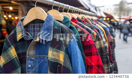 Second hand plaid shirts on wooden hangers 123440738