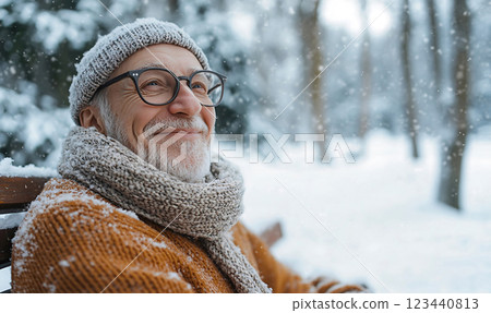 Man in snowy park with a smile under falling snow 123440813
