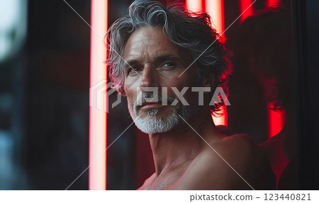 Mature man in red neon light ambiance 123440821