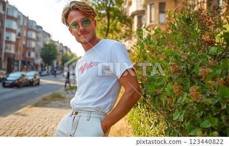 Man in white t-shirt posing by a city garden 123440822