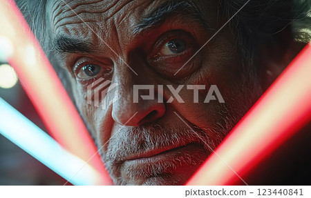Elderly man framed by vibrant neon red and blue lights 123440841