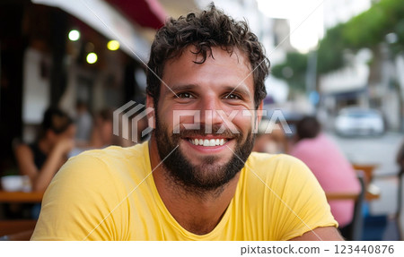 Cheerful man in yellow shirt enjoying street view Cheerful man in yellow shirt enjoying street view 123440876