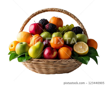 Different kinds of sweet fruits with greem leaves in bamboo basket isolated on transparent background. 123440905