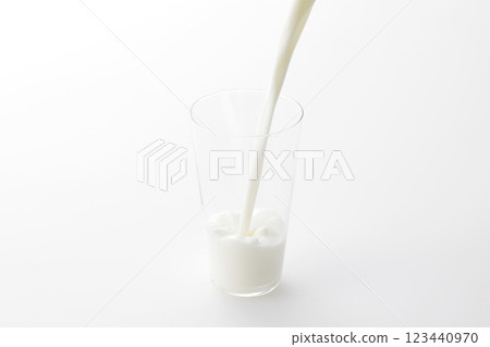 Milk poured into a glass against a white background 123440970