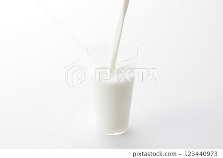 白色背景下，牛奶倒進玻璃杯 123440973