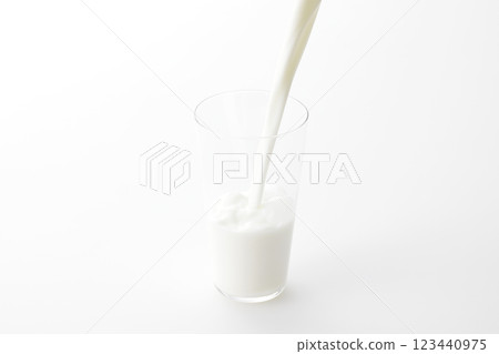 Milk poured into a glass against a white background 123440975
