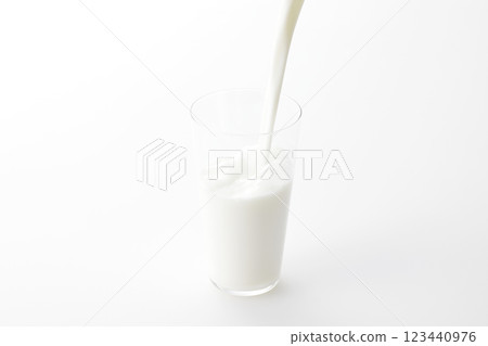 Milk poured into a glass against a white background 123440976