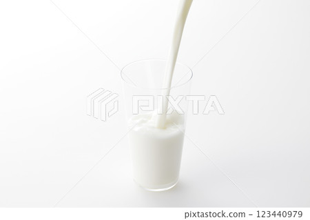 Milk poured into a glass against a white background 123440979