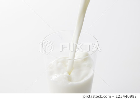 Milk poured into a glass against a white background 123440982