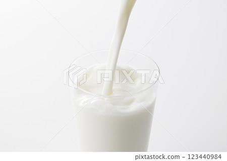 Milk poured into a glass against a white background 123440984