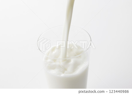 Milk poured into a glass against a white background 123440986