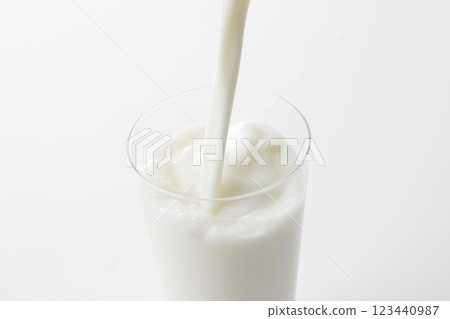 Milk poured into a glass against a white background 123440987