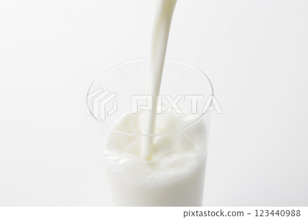 Milk poured into a glass against a white background Milk poured into a glass against a white background 123440988