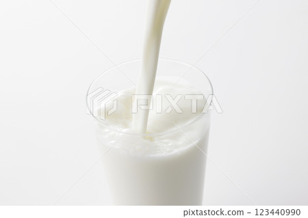 Milk poured into a glass against a white background 123440990