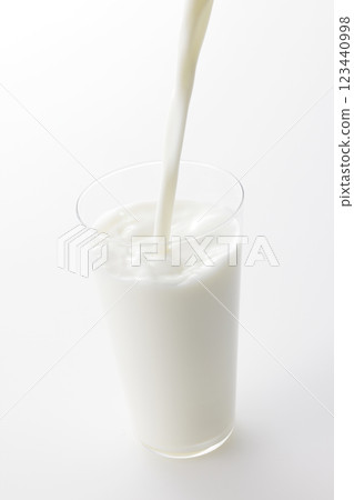 Milk poured into a glass against a white background 123440998
