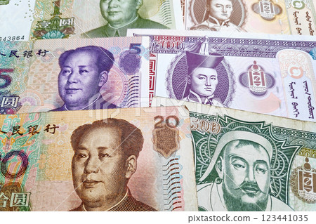 Stack of Chinese Remninbi and Mongolian Togrog Stack of Chinese Remninbi and Mongolian Togrog 123441035