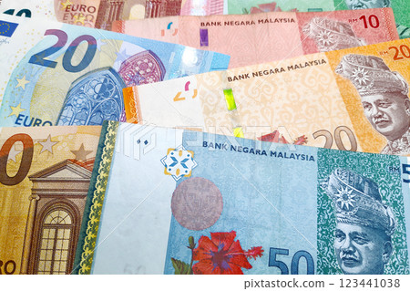 Stack of Euros and Malaysian Ringgit 123441038
