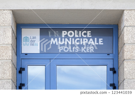 Municipal police station sign in French and Breton Municipal police station sign in French and Breton 123441039