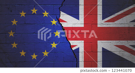 European Union vs United Kingdom - Cracked cinder block wall 123441070