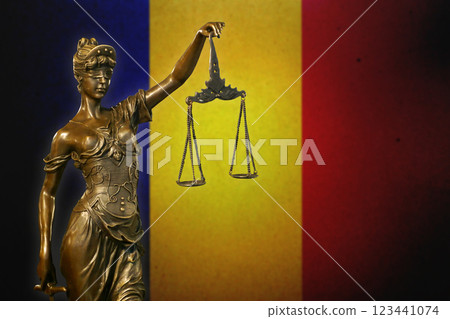 Lady Justice before a flag of Romania Lady Justice before a flag of Romania 123441074