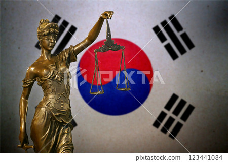 Lady Justice before a flag of South Korea Lady Justice before a flag of South Korea 123441084
