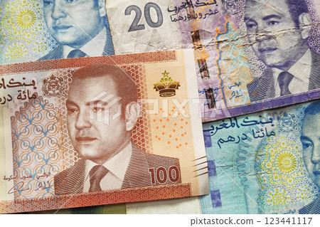 Stack of Moroccan dirham banknotes Stack of Moroccan dirham banknotes 123441117