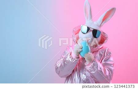 Modern Easter Rabbit in Metallic Jacket Holding Egg for Happy Easter Concept with Neon Background Modern Easter Rabbit in Metallic Jacket Holding Egg for Happy Easter Concept with Neon Background 123441373
