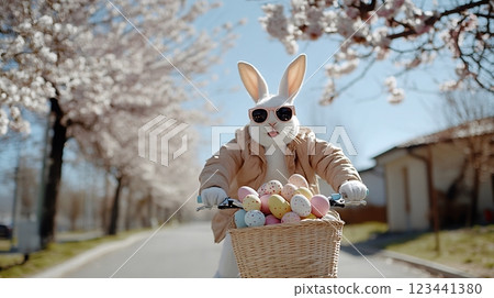 Full shot of a joyful Easter Bunny holding a basket of pastel Easter eggs on a sunny day 123441380