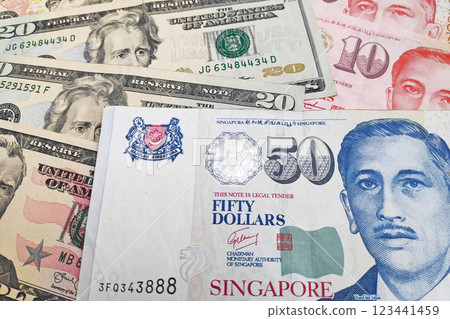 Stack of US Dollars and Singaporean Dollars Stack of US Dollars and Singaporean Dollars 123441459