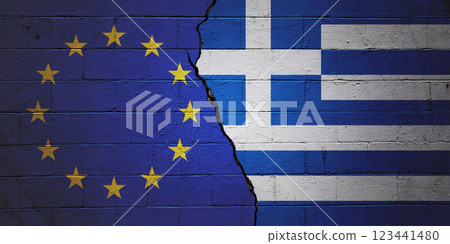 European Union vs Greece - Cracked cinder block wall European Union vs Greece - Cracked cinder block wall 123441480