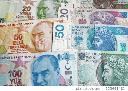 Stack of Turkish Lira and Polish Zloty Stack of Turkish Lira and Polish Zloty 123441481
