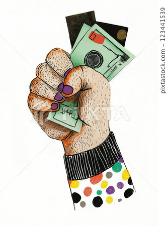 A hand grips a bunch of cash, showing off wealth with a proud gesture. The flashy person holds green dollars tightly in their fist, radiating power and prosperity. AI-generated illustration 123441539