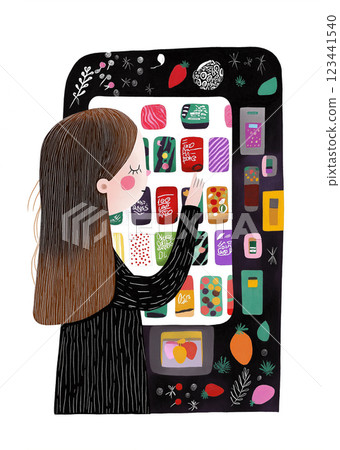 A young girl stands at a vending machine, choosing from a colorful assortment of drinks and snacks. A woman decides on a treat, easily selecting her preferred option. AI-generated illustration 123441540