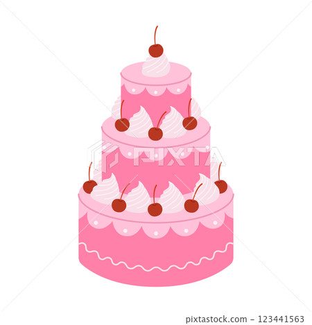 Pink three tier cake with cherries and cream. Dessert for birthday, anniversary, wedding. Sweet holiday baking for banner, poster, greeting card. Vector flat illustration isolated on white background Pink three tier cake with cherries and cream. Dessert for birthday, anniversary, wedding. Sweet holiday baking for banner, poster, greeting card. Vector flat illustration isolated on white background 123441563