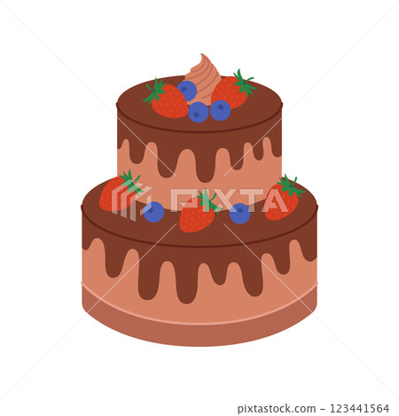 Chocolate two tier cake with strawberries, blueberries and cream. Dessert for birthday, anniversary. Sweet holiday baking for greeting card. Vector flat illustration isolated on white background 123441564