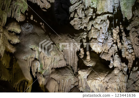 The cave is karst, amazing view of stalactites and stalagnites illuminated by bright light, a beautiful natural attraction in a tourist place. 123441636