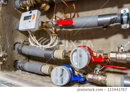 Smart water and heat meters with remote data transmission installed in a European utility system. The concept represents modern energy efficiency and digital infrastructure development 123441767