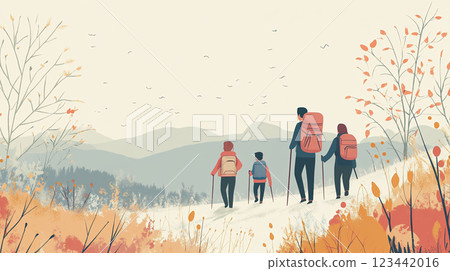 Illustration of a family hiking in the mountains in autumn 123442016