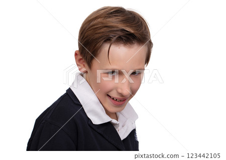 Portrait of a cheerful boy with a sly look on a white background close-up. 123442105