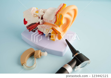 Otoscope with ear model for otolaryngologist or ENT physician doctor examining senior patient ear, hearing loss problem. 123442121
