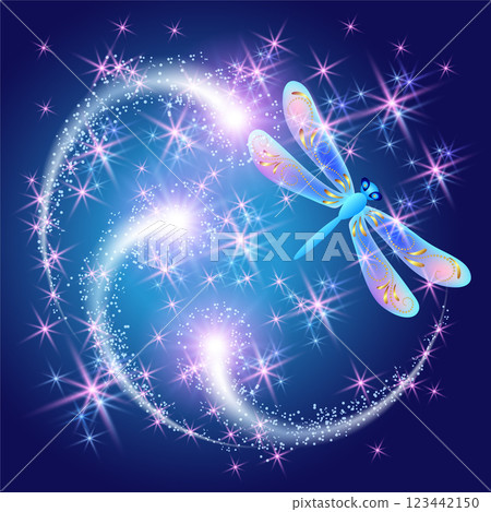 Flying dragonfly with sparkle and blazing trail and sparkle stars 123442150