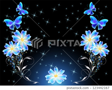 Fairytale night sky with flowers frame and magical blue butterflies and floral ornament and stars. Fantasy sparkle background. 123442167