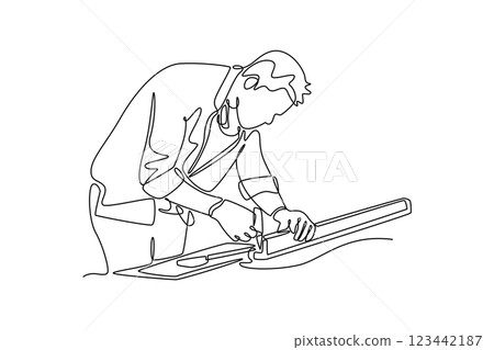 Continuous one line drawing young carpenter measuring wooden board using measurement tape, ruler, pencil. Home construction or renovation services. Single line draw design vector graphic illustration Continuous one line drawing young carpenter measuring wooden board using measurement tape, ruler, pencil. Home construction or renovation services. Single line draw design vector graphic illustration 123442187
