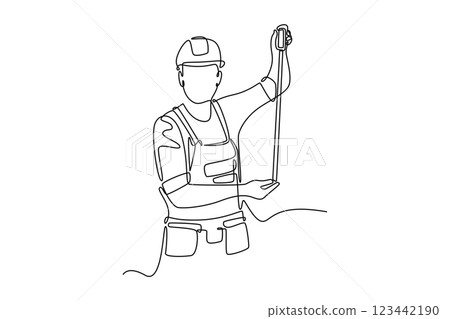Continuous one line drawing builder or carpenter measuring the length of the wall using measurement tape. Home construction or renovation services. Single line draw design vector graphic illustration 123442190